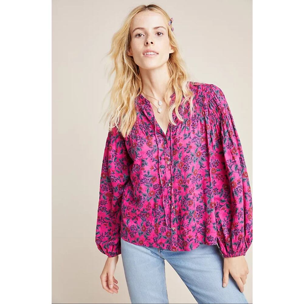 Maeve Anthropologie Pink Boho Floral Tunic Blouse Size Small